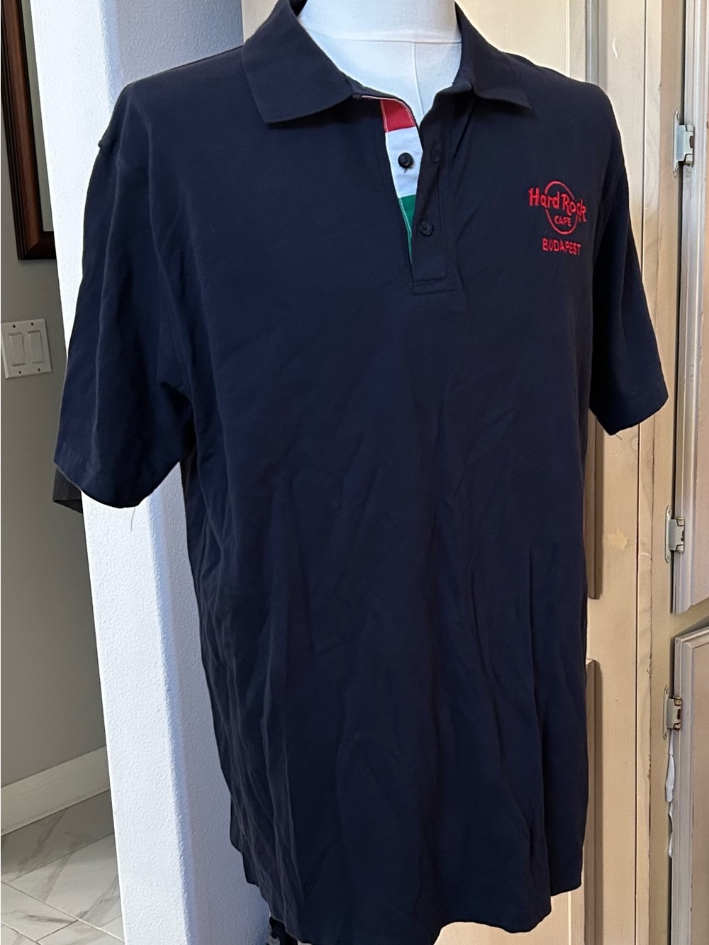 Hard Rock Cafe Navy Polo with Red Logo and Tricolor Placket